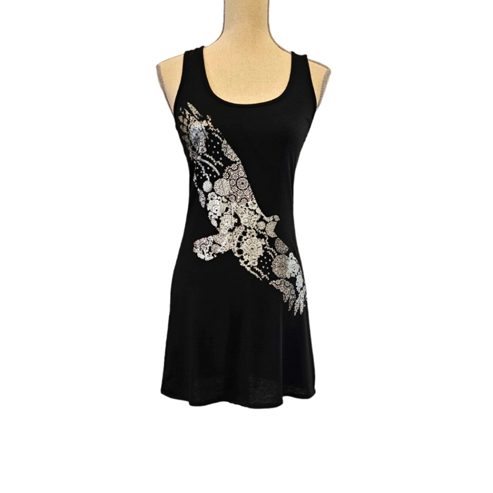 🚨EUC L8ter Ornate Silver Bird Design Black Tunic Racerback Tank Top
